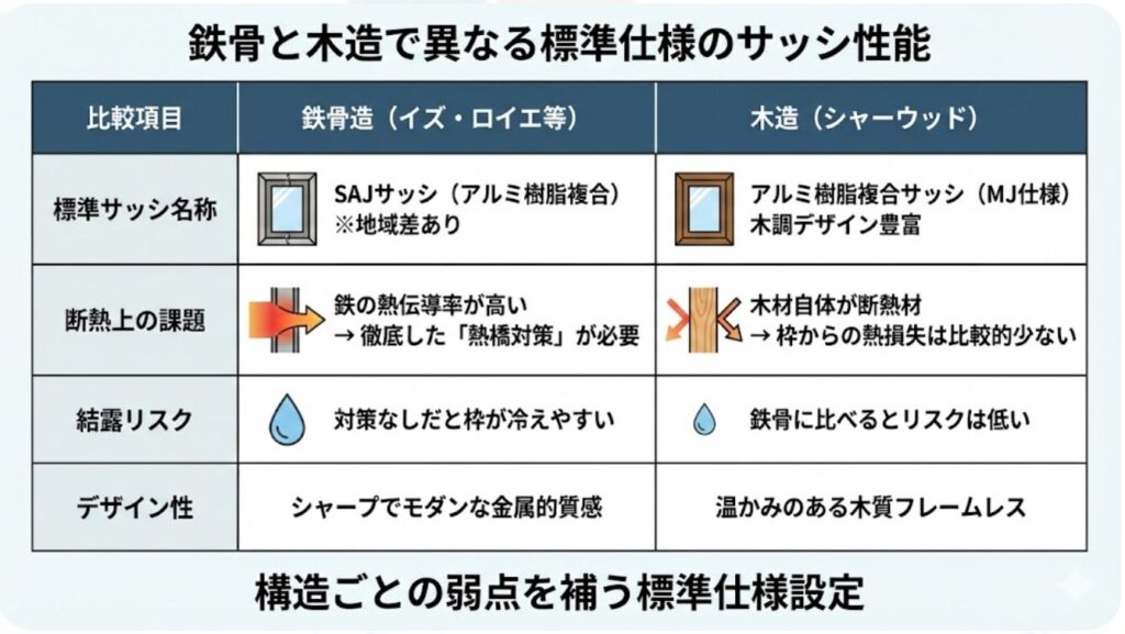 鉄骨と木造で異なる標準仕様のサッシ性能