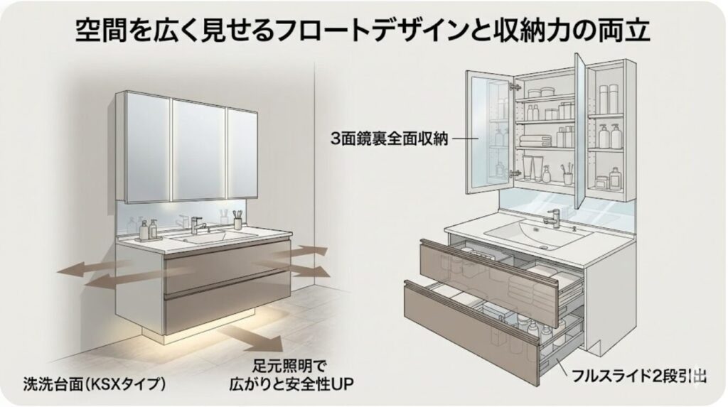 空間を広く見せるフロートデザインと収納力の両立