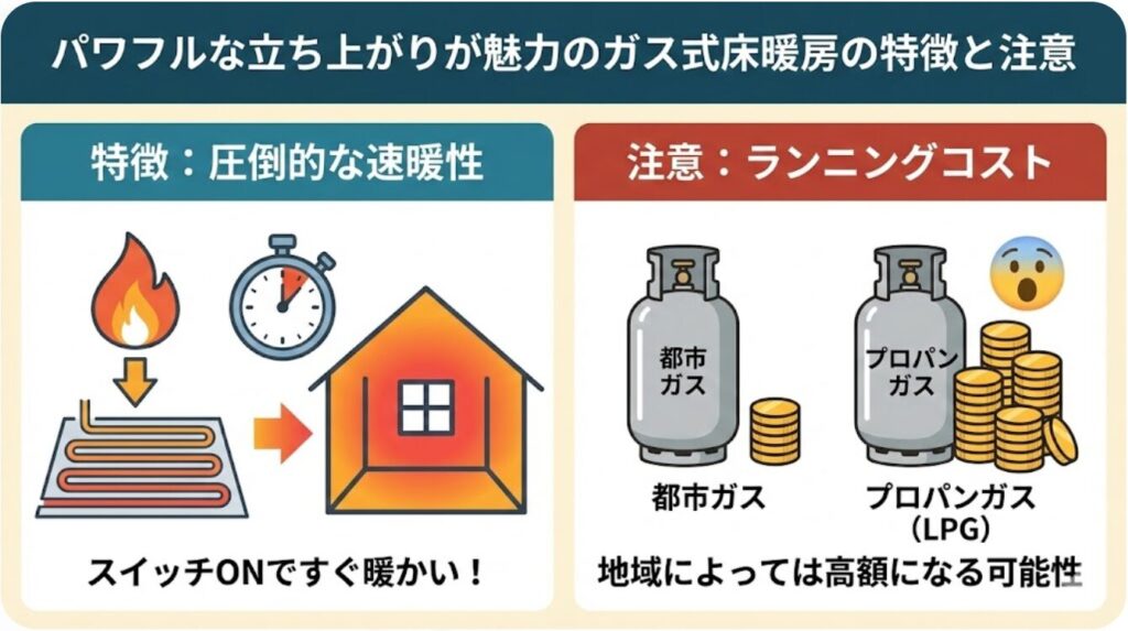 パワフルな立ち上がりが魅力のガス式床暖房の特徴と注意