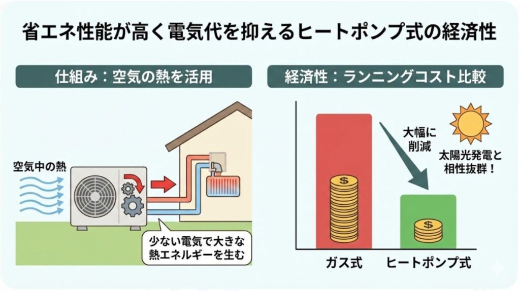 省エネ性能が高く電気代を抑えるヒートポンプ式の経済性
