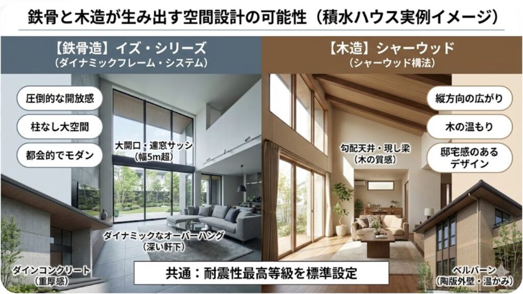 鉄骨と木造それぞれの工法が生み出す空間設計の可能性