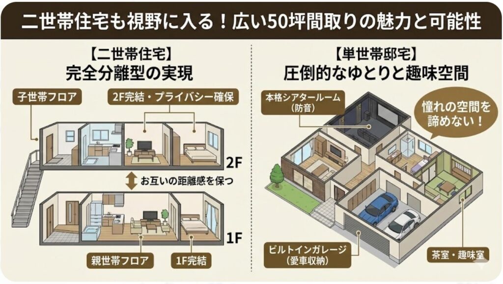 二世帯住宅も視野に入る広い50坪間取り実例の魅力