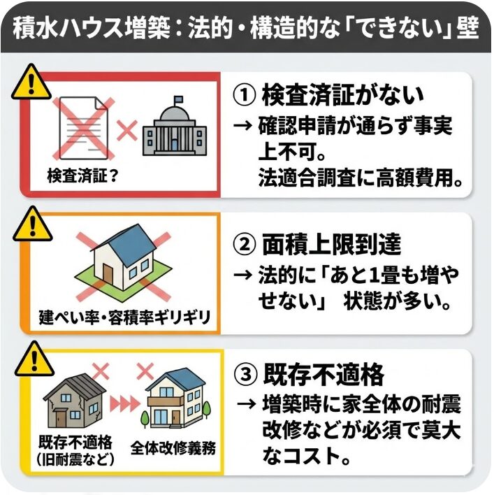 法的規制や構造的な理由で増築できないケースの確認