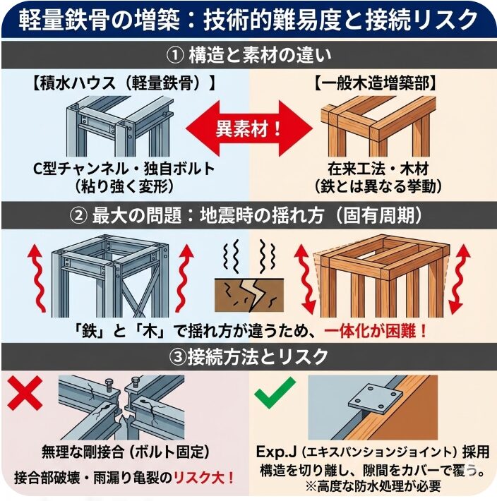 特殊な構造である軽量鉄骨の増築に伴う技術的な難易度