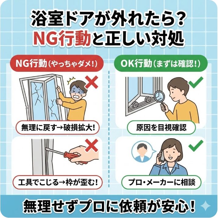 浴室ドアが外れたときは無理に戻さず確認する