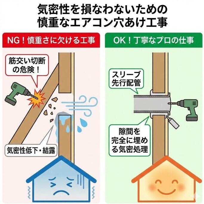 気密性を損なわないための慎重なエアコン穴あけ工事