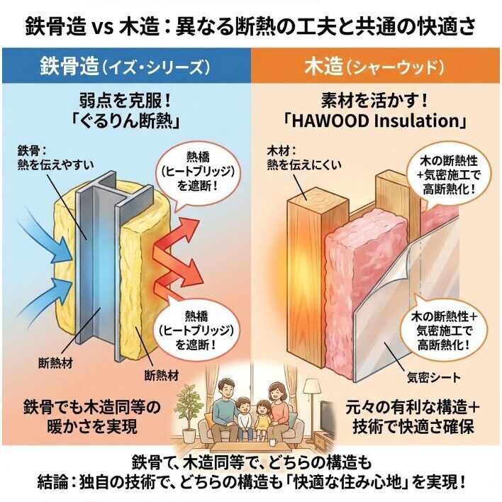 鉄骨造と木造シャーウッドで異なる断熱の工夫と特徴