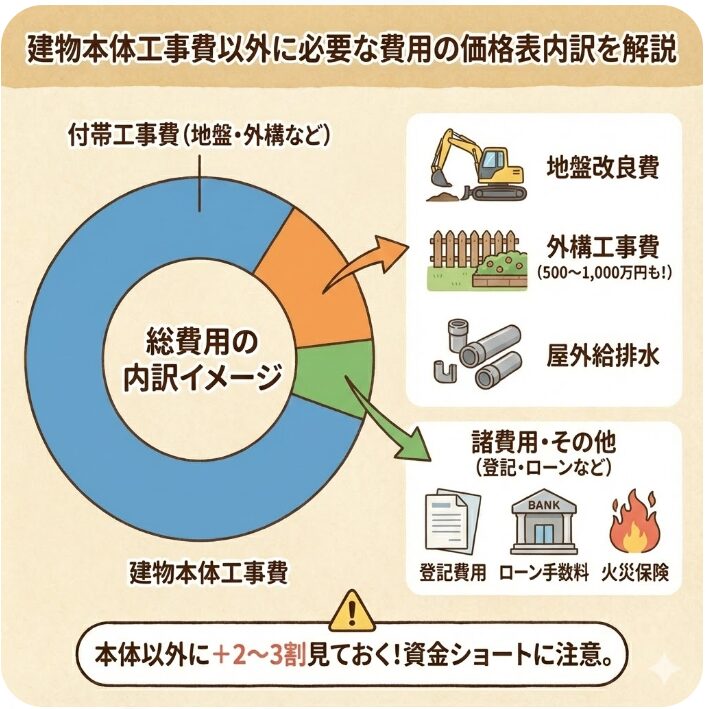 建物本体工事費以外に必要な費用の価格表内訳を解説