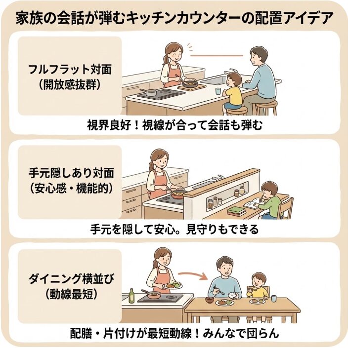 家族の会話が弾むキッチンカウンターの配置アイデア