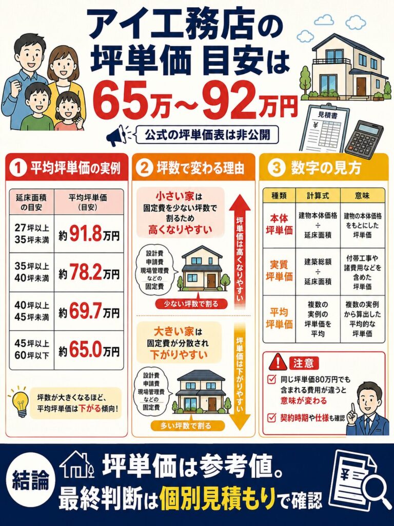 アイ工務店の坪単価は65万〜92万円が目安