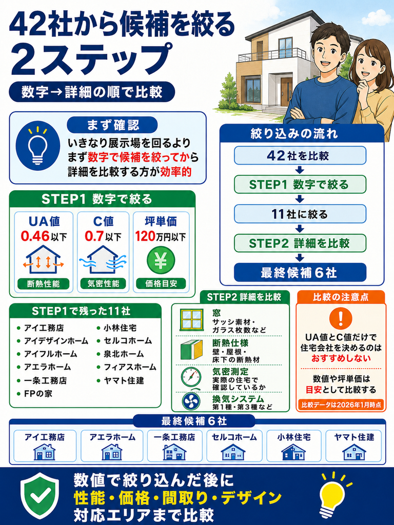 高気密・高断熱ハウスメーカーの絞り込み｜2ステップ