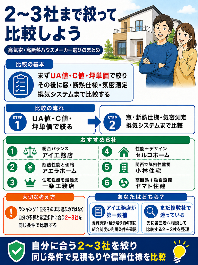 まとめ｜高気密・高断熱ハウスメーカーは2〜3社まで絞って比較しよう