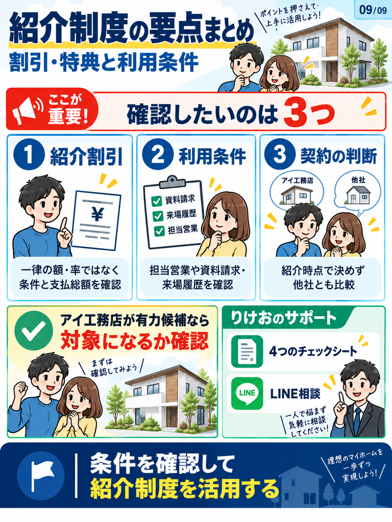 まとめ：アイ工務店の紹介制度は、割引・特典と利用条件を確認して選ぼう